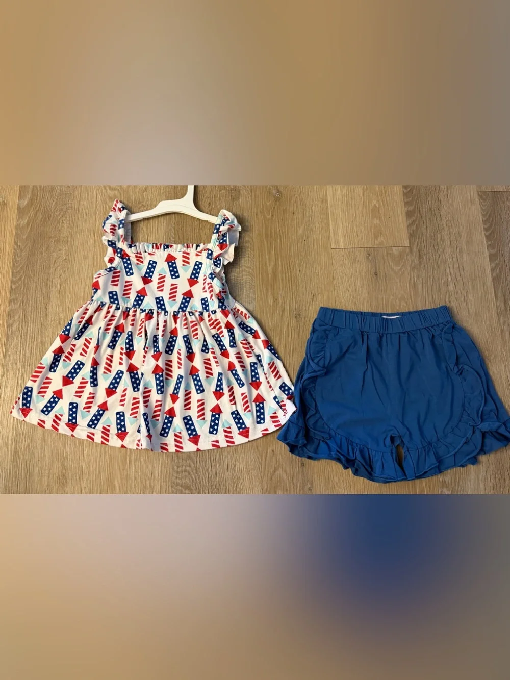 Girls' Red, White & Blue Flag Tank Top and Blue Ruffle Shorts Set